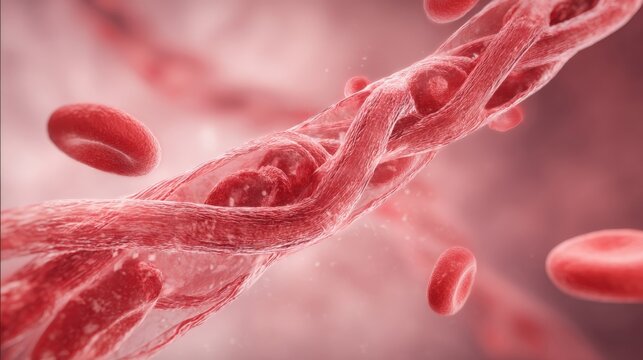 Blood Cells and Fibrin Strands Illustration, Showing Blood Clot Formation, Close Up View