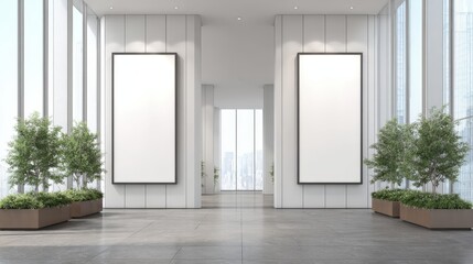 Obraz premium Modern Office Lobby with Blank Frames and Greenery, Perfect for Mockups and Interior Design Visualization