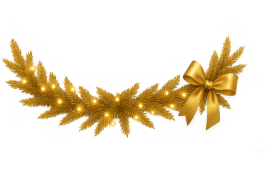 Gold christmas garland banner with illuminated lights and decorative ribbon bow, festive holiday season border element