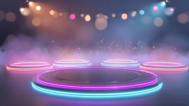 Futuristic Neon Podium Stage with Smoke and Bokeh Lights for Product Display Background