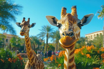 Obraz premium Two giraffes are staring at camera in sunny background. Perfect for travel, animals, and childrens' educational materials.