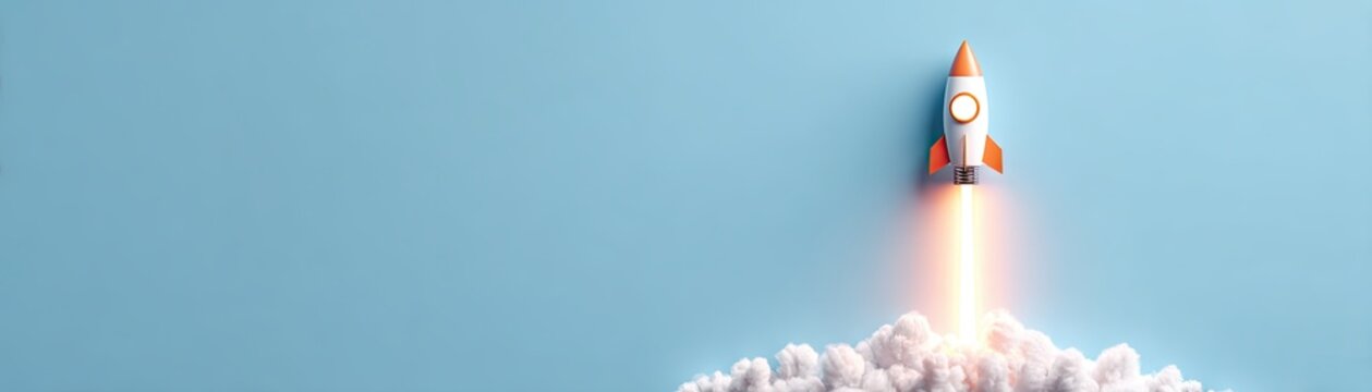 A colorful rocket launching into the sky, emerging from fluffy clouds against a blue background, symbolizing exploration and innovation.