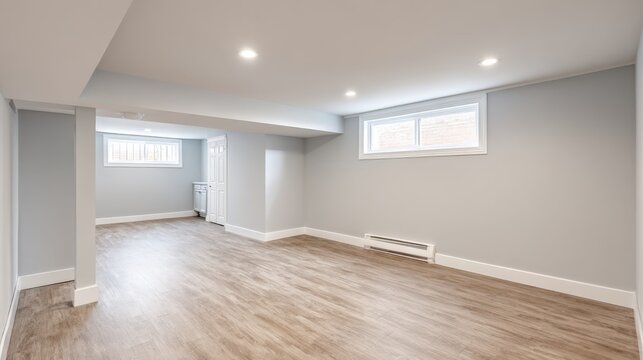 Finished Basement Interior with Wood-Look Flooring, Neutral Gray Walls, and Modern Lighting for Real Estate or Renovation