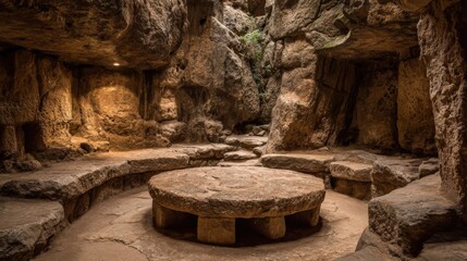 Stone Chamber: Ancient Underground Space with Circular Table and Textured Walls for Historical or Fantasy Concepts
