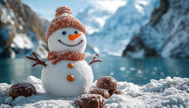A smiling snowman wears a hat with chocolates against a snowy mountain backdrop. Great for winter ads, holiday promotions, or greeting cards with a festive feel. - Powered by Adobe