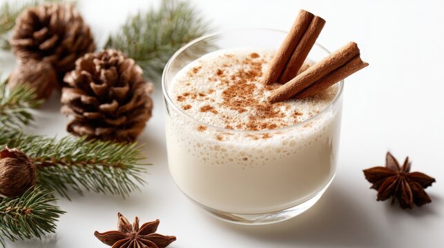 Festive Holiday Eggnog Drink with Cinnamon Sticks and Star Anise on a White Background - Powered by Adobe