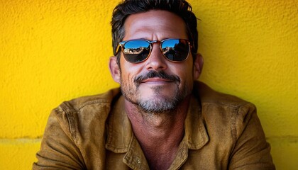 Obraz premium Man with sunglasses poses in front of yellow wall, smiling. Use it for travel,lifestyle, or fashion.