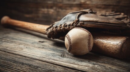 Classic Baseball Still Life: Glove, Ball, and Bat on Rustic Wood Background