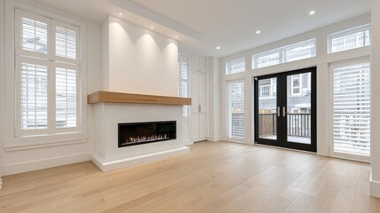 Naklejka premium Bright and Modern Living Room with Fireplace, Large Windows, and Hardwood Flooring in a Stylish Home