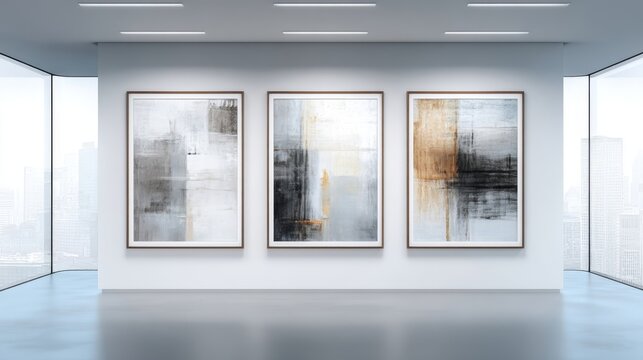 Gallery Display: Three Framed Abstract Art Pieces in a Modern Minimalist White Exhibition Space