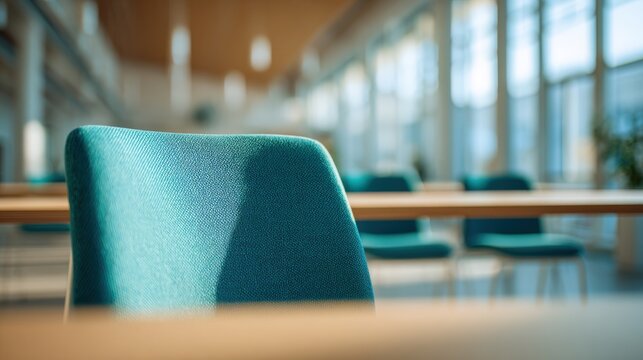 Modern Office Interior with Blue Chairs and Natural Light for a Collaborative Workspace Environment