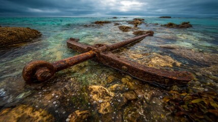 Naklejka premium Weathered Anchor Resting Amidst Coastal Rocks and Azure Waters, Reflecting History and Maritime Heritage
