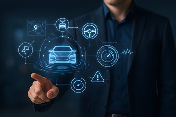 Businessman using futuristic autonomous vehicle control interface with holographic car sensors and navigation data visualization