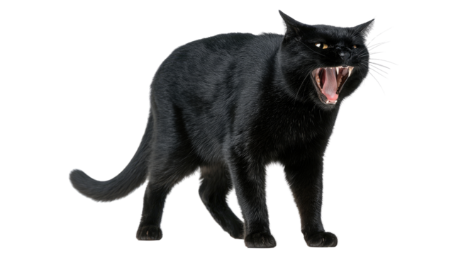 Angry black cat silhouette with sharp teeth hissing in a defensive pose showing fierce aggressive expression isolated on white background
