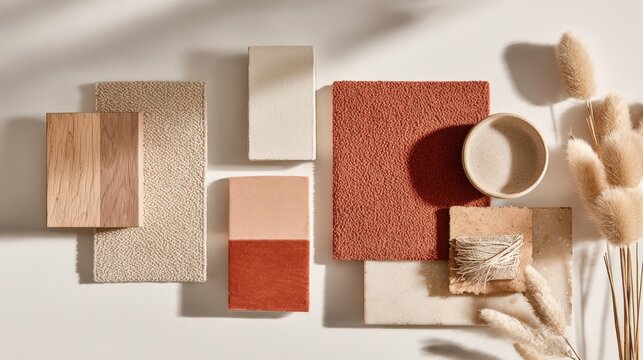 Elevated interior design materials mood board featuring terracotta, beige, and natural textures for architecture inspiration