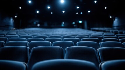Fototapeta premium Empty theater with blue seats ready for a show, cinematic view of a performance hall