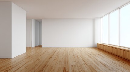 Obraz premium Bright Empty Room with Wooden Floor and Large Windows, Perfect for Interior Design Mockups and Renovations