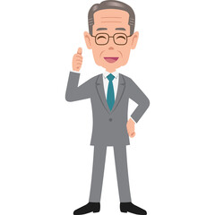 Smiling Elderly Businessman Wearing Glasses and a Gray Suit with a Teal Tie Giving a Thumbs Up Gesture in a Studio Setting