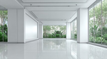 Fototapeta premium Bright and Spacious Modern Interior with White Walls, Large Windows, and Natural Greenery View