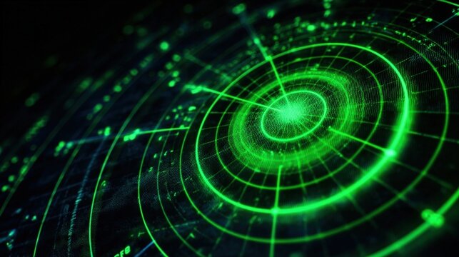 Green Radar Screen Displaying Data and Coordinates for Navigation, Tracking, and Surveillance Technology - Powered by Adobe