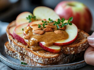 Toast with apple slices, almond butter, and thyme sprigs is on a plate. Illustrate healthy food blogs, dietary guidelines, or breakfast recipe websites.