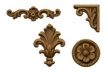 Ornate carved wood architectural embellishments featuring floral and scroll designs, antique furniture ornament, transparent background