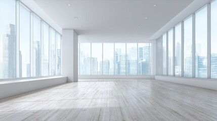Obraz premium Bright, modern office space with city view, empty interior showcasing architectural design and natural light