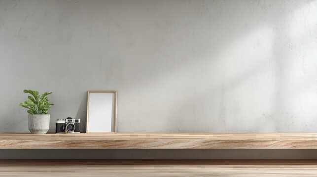Minimalist Workspace Mockup with Camera, Plant, and Frame on Wooden Shelf Against Concrete Wall