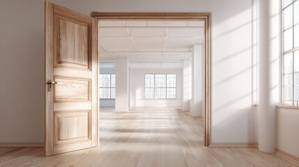 Fototapeta premium Open Doorway to Bright, Airy Modern Office Space with Natural Light and Hardwood Flooring