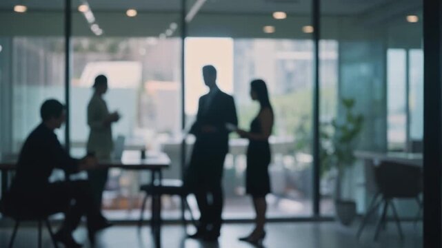 blurred business office background with silhouettes of people teamwork corporate modern workplace