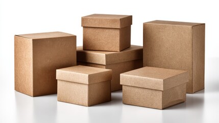 Fototapeta premium Group of Brown Cardboard Boxes: Packaging Solutions for Shipping, Storage and Product Presentation, Isolated on White