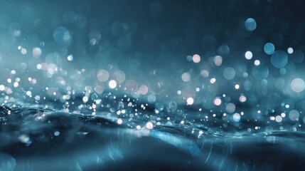 Abstract Sparkling Blue Water Surface with Bokeh Lights, Perfect for Backgrounds and Festive Designs