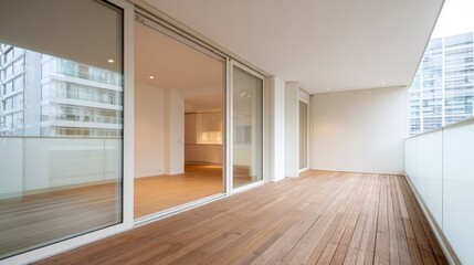 Obraz premium Modern Apartment Balcony with Wood Flooring and Glass Doors Offering City Views in a High Rise Building