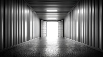 Fototapeta premium Industrial Shipping Container Interior with Open Doors and Bright Light, Logistics and Transportation Theme