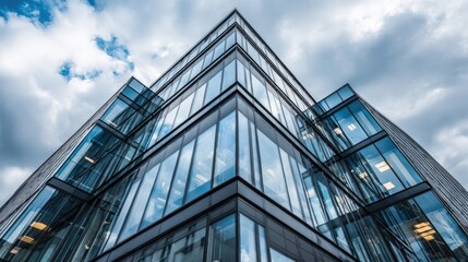 Modern Office Building Exterior with Glass Facade and Cloudy Sky, Contemporary Architecture, Financial District