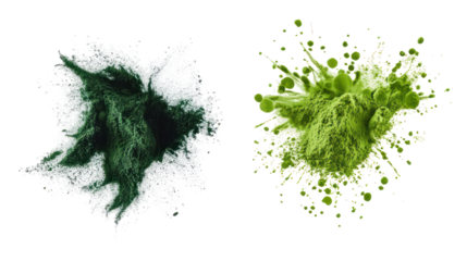 Two sets of spirulina and green tea powder splash overhead on transparent background