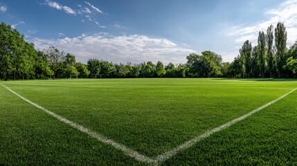 Obraz premium Lush Green Sports Field Under a Bright Blue Sky, Perfect for Recreational Activities and Training