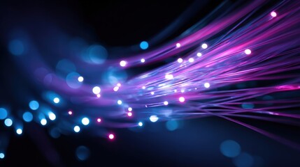 Obraz premium Fiber Optic Cables Glowing with Data Stream and Blue Bokeh Lights Creating a Modern Abstract Background