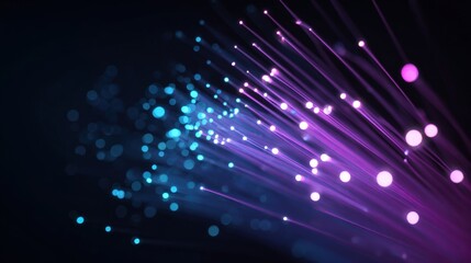 Obraz premium Fiber Optic Cables Glowing with Blue and Purple Light, High-Speed Data Transmission Technology