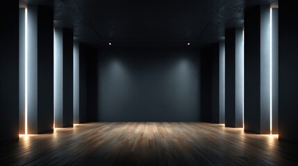 Fototapeta premium Modern Empty Dark Room Interior with Columns, Spotlights, and Wooden Floor for Product Display