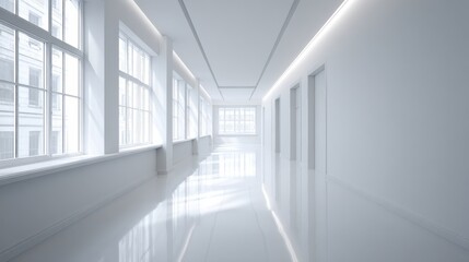 Obraz premium Modern White Hallway with Natural Light Streaming Through Windows, Creating a Clean and Minimalist Interior Design