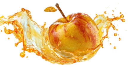 Ripe apple and quince with swirling splashes of fresh juice forming dynamic spiral motion and vibrant fruity energy isolated on white background
