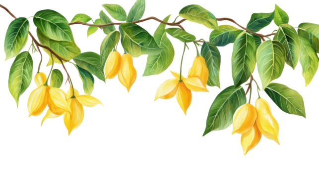 Two sets of star fruit branches with green leaves and yellow fruits on transparent background