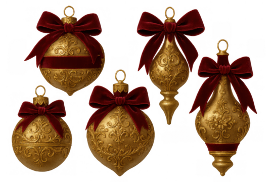 Golden christmas ornaments with red velvet bows, elegant festive holiday decorations, isolated on transparent background - Powered by Adobe