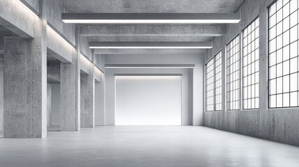 Minimalist Concrete Industrial Interior with Large Windows and Bright Lighting, Ideal for Showroom or Workspace