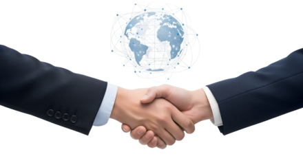 Global business concept: two people shaking hands with a globe, isolated on transparent background