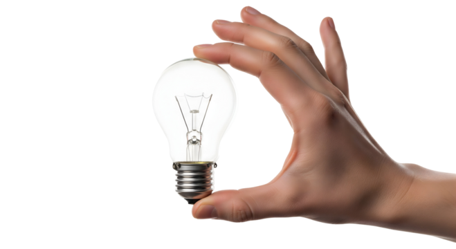 A hand carefully holding a lightbulb against the light background, representing the concept of innovation and ideas, isolated on transparent background - Powered by Adobe