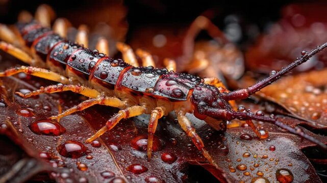 A macro shot showcasing a glistening centipede atop wet leaves, awash with vibrant reds and oranges