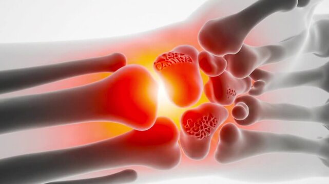 Hand bones illustration with red highlights indicating inflammation and possible pain point area