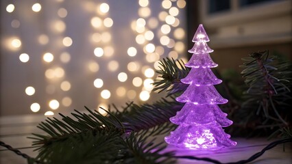 Illuminated purple christmas tree decoration with pine boughs and string lights background bokeh effect